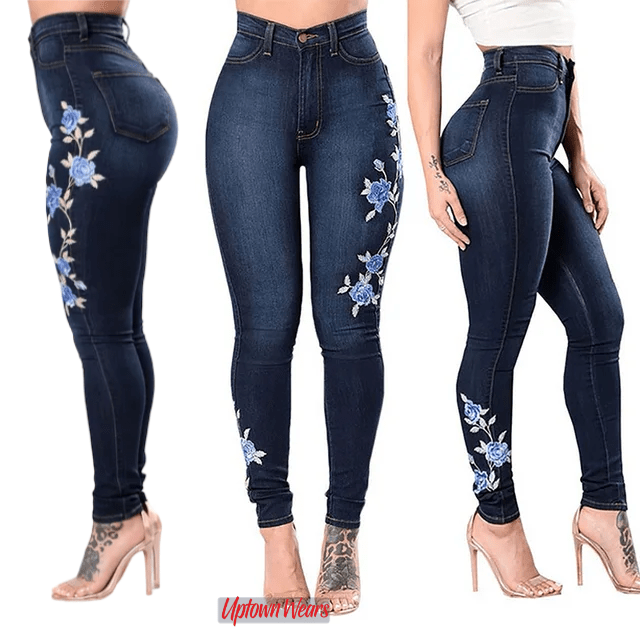 pantalon jean de mujer ajustado con flores